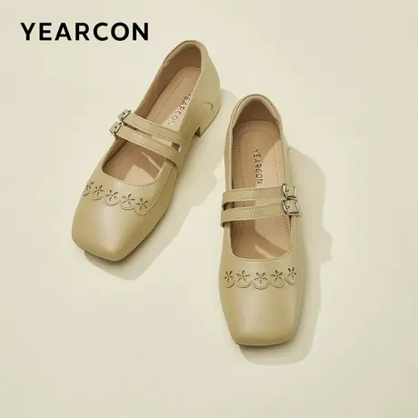 意尔康女鞋春秋季女士羊皮方头单鞋玛丽珍鞋法式仙女风皮鞋配裙子商品大图