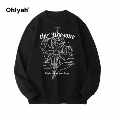 Ohlyah单色花朵印花套头长袖卫衣男女无性别中国风国潮宽松纯棉图片