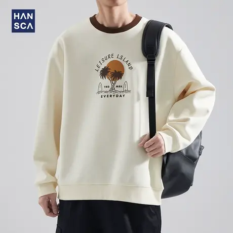 hansca日系重磅360g圆领宽松卫衣男秋季复古撞色潮流印花套头上衣商品大图