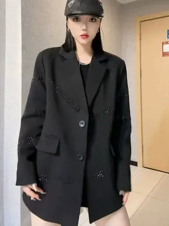 黑色烫钻西装外套女春秋2024新款韩系气质小个子休闲高级感小西服图片