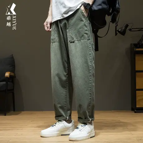 希越纯棉军绿色工装直筒裤男2024春季宽松大码美式高街休闲裤子潮商品大图