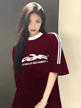 美式复古三条杠插肩短袖t恤女2024新款夏季纯棉宽松设计感上衣服图片