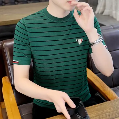 男装夏款冰丝提花短袖t恤ins潮流百搭2023新品半袖条纹海魂衫上衣商品大图