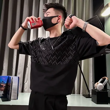 夏季短袖T恤韩版纯色编织高级感拼接半袖上衣潮牌宽松五分袖体恤商品大图