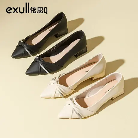 依思q单鞋女2024年女鞋新款尖头浅口鞋子法式扭结3公分小跟鞋春季商品大图