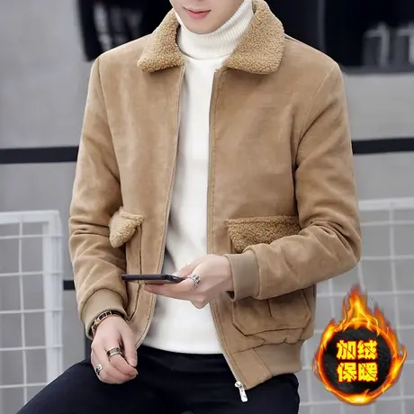 外套男士冬装加绒加厚夹克社会人韩版帅气鹿皮绒毛领潮流保暖冬衣商品大图