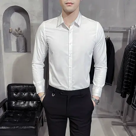 高级感长袖衬衫男秋季韩版潮流帅气修身商务正装免烫男士白色衬衣商品大图