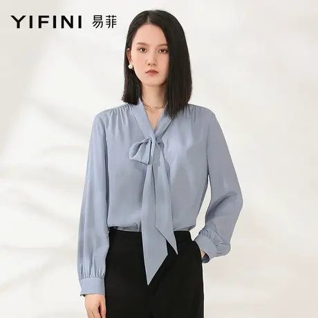 Yifini/易菲宽松纯色长袖衬衫女春秋季新款通勤韩版衬衣上衣潮商品大图