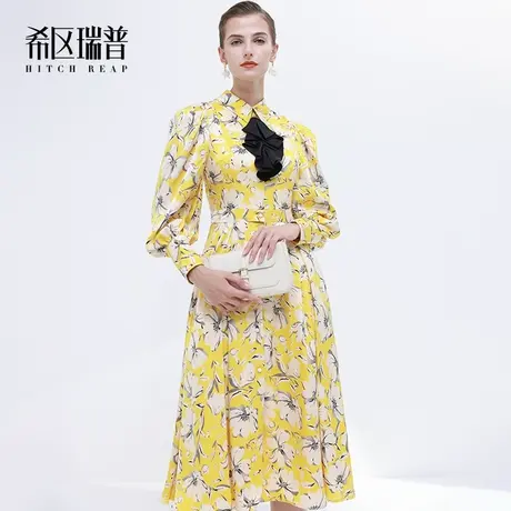希区瑞普气质温柔衬衫裙女秋季2023新款法式复古泡泡袖碎花连衣裙图片