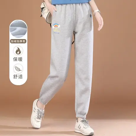 韩潮袭人松紧腰刺绣灰色加绒运动裤女2023冬新款宽松显瘦束脚卫裤图片