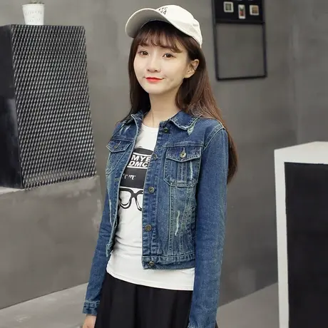 牛仔外套女短款修身韩版潮显瘦学生长袖春秋牛仔服上衣大码破洞商品大图