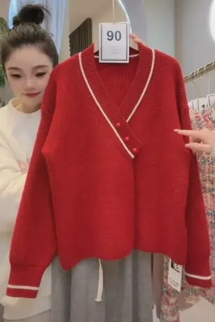 气质V领红色毛衣女韩系显瘦百搭撞色不规则套头针织衫打底上衣新商品大图