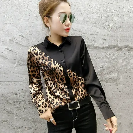 时尚拼色衫衣女长袖2023春秋新款豹纹拼接衬衫女设计感洋气上衣潮图片