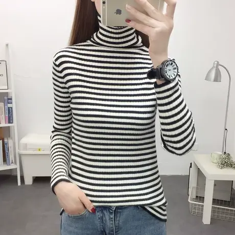 秋装新款女2022年高领打底衫女秋冬百搭长袖条纹女士针织衫上衣潮商品大图