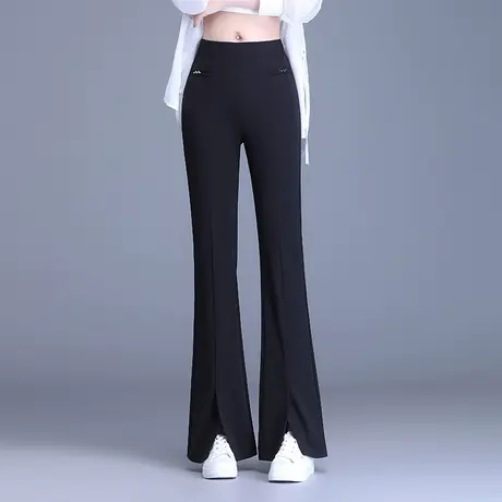 高腰微喇裤时尚休闲裤黑色开叉长裤女夏季2023新款韩版显瘦喇叭裤商品大图