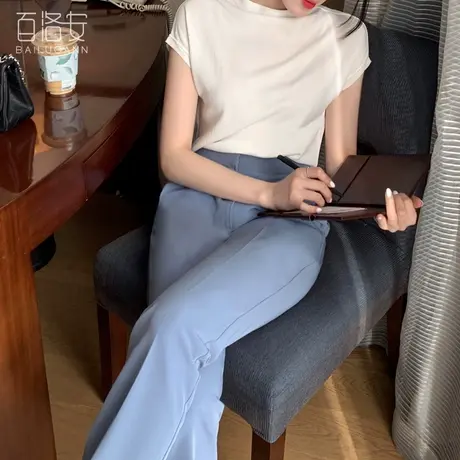 百洛安百搭包袖T恤女夏新款简约纯色薄款针织衫百搭显瘦凉爽上衣图片