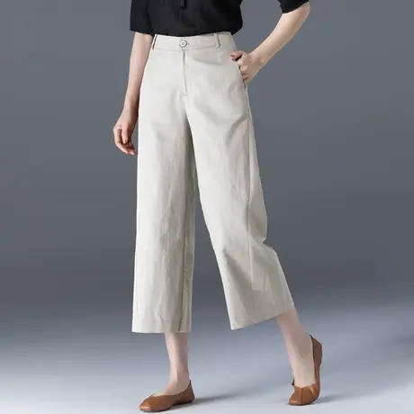 卡其色亚麻阔腿裤夏女薄款八分休闲冰丝棉麻女裤高腰直筒七分裤子图片