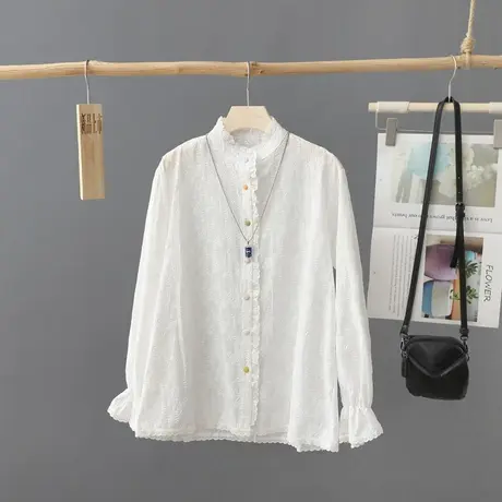 小众花边立领白衬衫女长袖2023年秋装新款短款打底刺绣衬衣上衣服图片