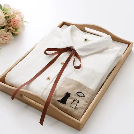 春秋装文艺刺绣娃娃领双层棉纱系带长袖白衬衫女宽松纯棉纱布衬衣商品大图