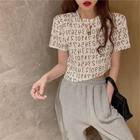 韩风chic上衣夏修身高腰短款t恤女印花甜酷小众数字白色短袖女潮商品大图