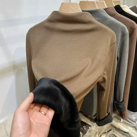 加厚加绒半高领长袖T恤女2022秋冬新款一体绒保暖内搭打底衫上衣商品大图