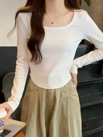 纯欲方领白色长袖t恤女春秋装冬季内搭打底衫辣妹不规则短款上衣商品大图