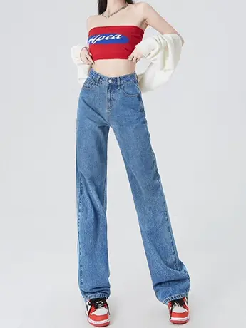 清仓捡漏外贸高腰牛仔裤女春季宽松直筒显瘦阔腿高个子长裤商品大图