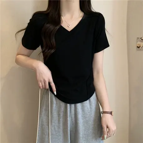 ins超火V领短袖T恤女夏季修身短款正肩半袖潮牌港味chic辣妹上衣商品大图