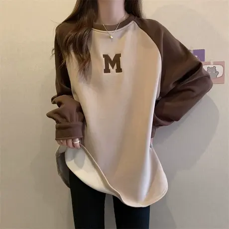 加绒加厚圆领打底衫女秋冬内搭大码卫衣叠穿宽松长袖中长款上衣服商品大图