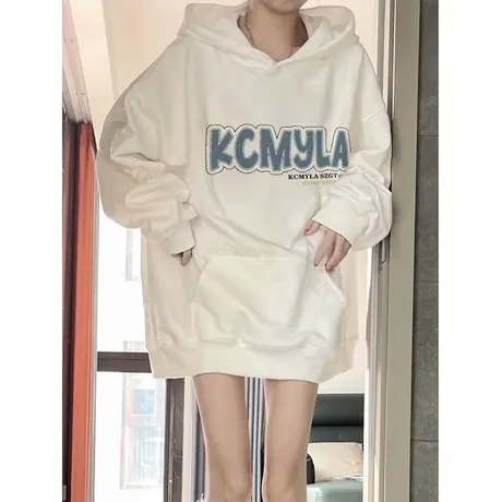 oversize设计感字母连帽卫衣女秋冬加绒加厚宽松bf慵懒风大码外套图片
