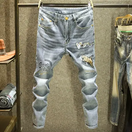 灰色潮牌刺绣牛仔裤男设计感轻奢修身小脚裤潮流百搭烫钻弹力长裤商品大图