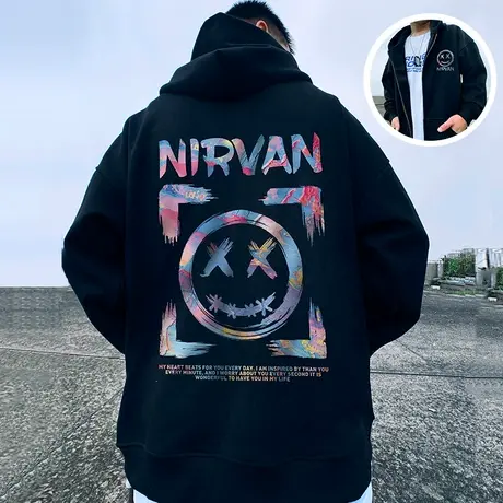 开衫连帽小恶魔卫衣男潮胖子潮牌潮流拉链笑脸大码外套秋冬季加绒商品大图