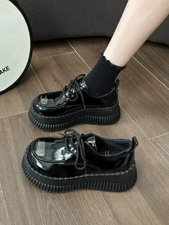 圆头厚底松糕鞋女2023秋季新款百搭增高英伦风黑色系带小皮鞋单鞋商品大图