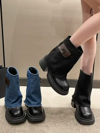 高跟短靴女2023新款春秋复古小个子厚底瘦瘦靴配裙子小众裤管靴子商品大图