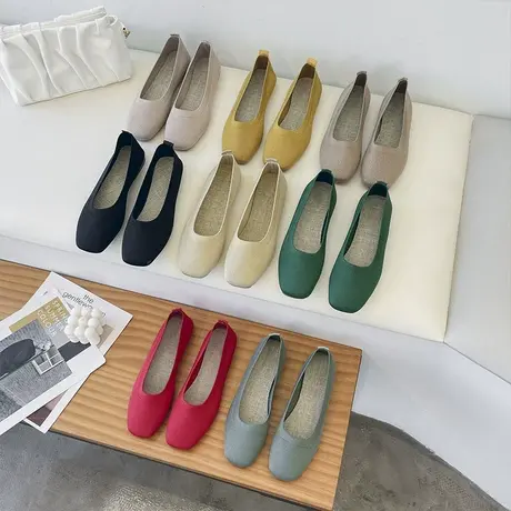 针织单鞋女2023春夏新款淑女软底舒适百搭方头浅口孕妇平底豆豆鞋商品大图