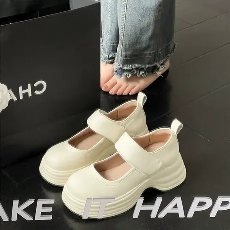 复古小皮鞋女夏2023新款魔术贴白色单鞋小个子厚底猪腰子玛丽珍鞋商品大图
