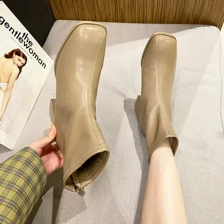 短靴女小个子2023新款春秋单靴方头粗跟马丁靴韩版显瘦高跟短筒靴图片