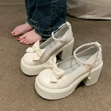 日系厚底玛丽珍鞋女2023年新款夏季珍珠蝴蝶结法式高跟小皮鞋单鞋商品大图