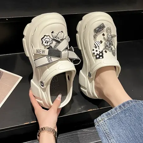 增高洞洞鞋女夏季卡通可爱厚底高跟两穿防滑包头踩屎感凉拖鞋外穿商品大图