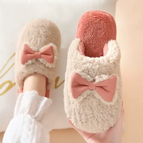 毛绒棉拖鞋女冬季新款情侣保暖可爱蝴蝶结室内居家软底防滑拖鞋男商品大图