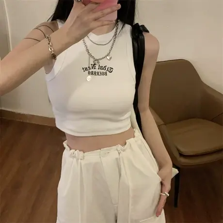 字母刺绣吊带背心女春季设计感小众外穿打底美背修身短款辣妹上衣商品大图