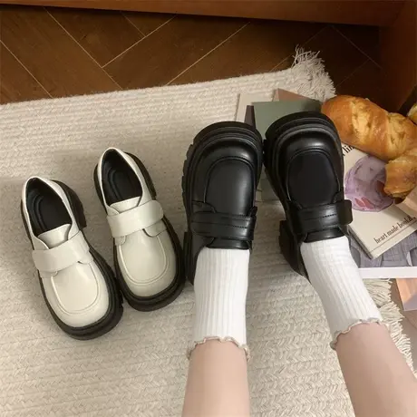 魔术贴乐福鞋女2024年春秋季新款配裙子jk粗跟单鞋百搭厚底小皮鞋商品大图