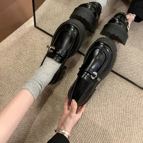 小皮鞋女春秋2024年新款防滑英伦风单鞋厚底增高小个子粗跟乐福鞋商品大图
