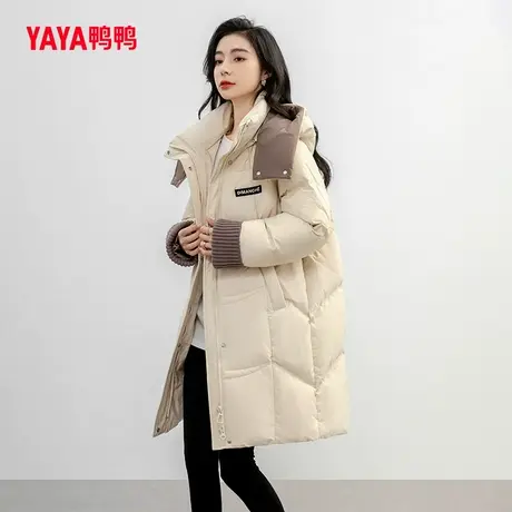 鸭鸭羽绒服女2023冬季新品中长款可脱卸帽针织拼接袖百搭外套J图片