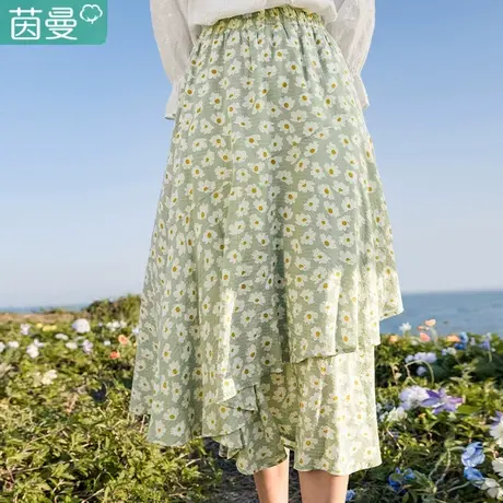 茵曼碎花半身裙女不规则裙摆2023年早春新款文艺紧松腰a字中长裙图片