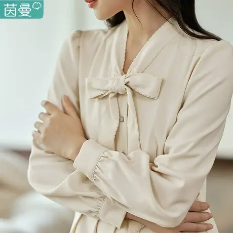 茵曼卡其色蝴蝶结长袖连衣裙女秋装2023年新款法式收腰百褶裙长裙商品大图