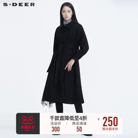 sdeer圣迪奥女装复古翻领收腰印花网纱拼接黑色毛呢大衣S20461808图片