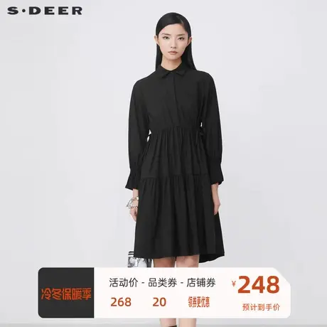 sdeer圣迪奥女装休闲翻领抽褶收腰黑色衬衫连衣裙S21461219图片