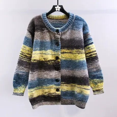 复古慵懒风油画彩虹条纹渐变毛衣外套女秋冬2023新款宽松针织开衫商品大图