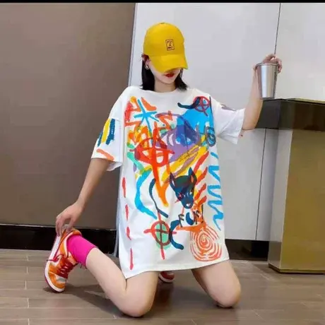 网红涂鸦印花短袖t恤女盐系ins大码宽松中长款体恤上衣潮韩版夏季商品大图